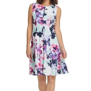 DKNY Floral fit and flare Sleeveless Dress Light Blue 8